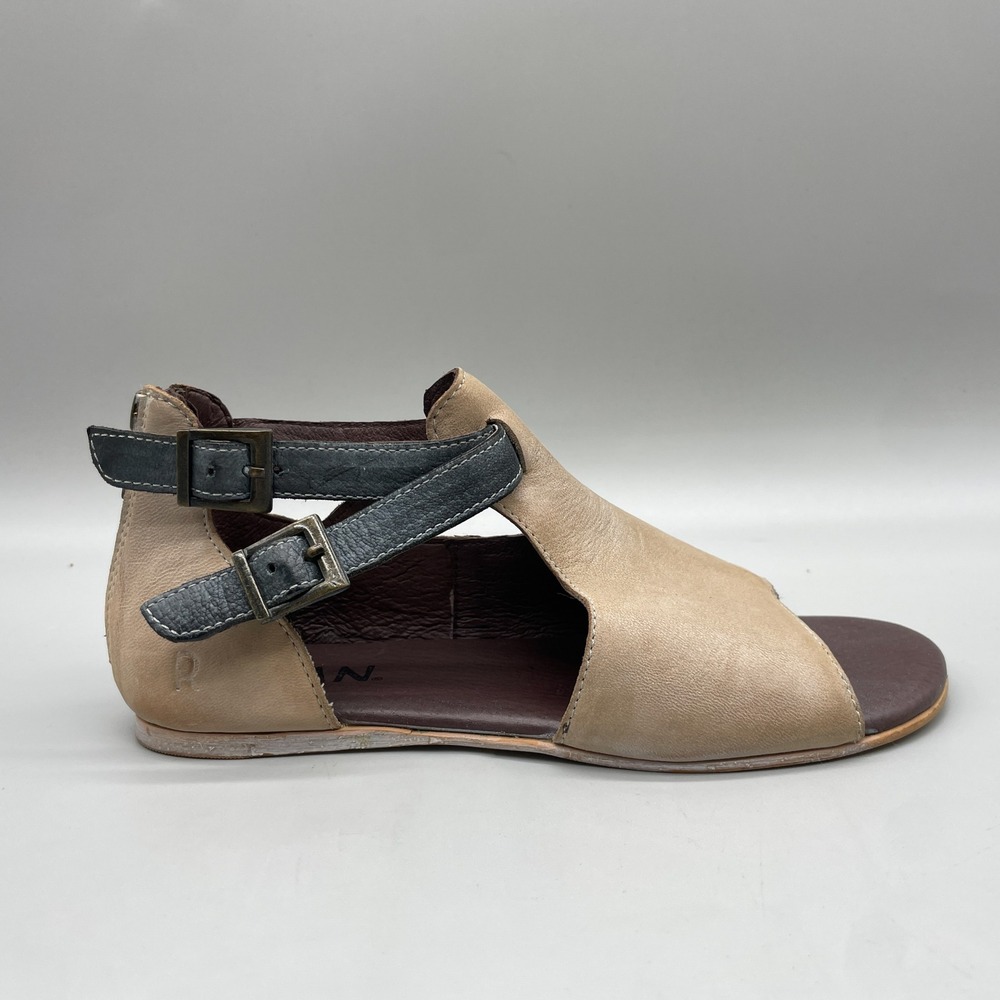 Roan Womens 6 Buckle Back Zip Flat Sandals Tan Charcoal Leather Boho Rustic